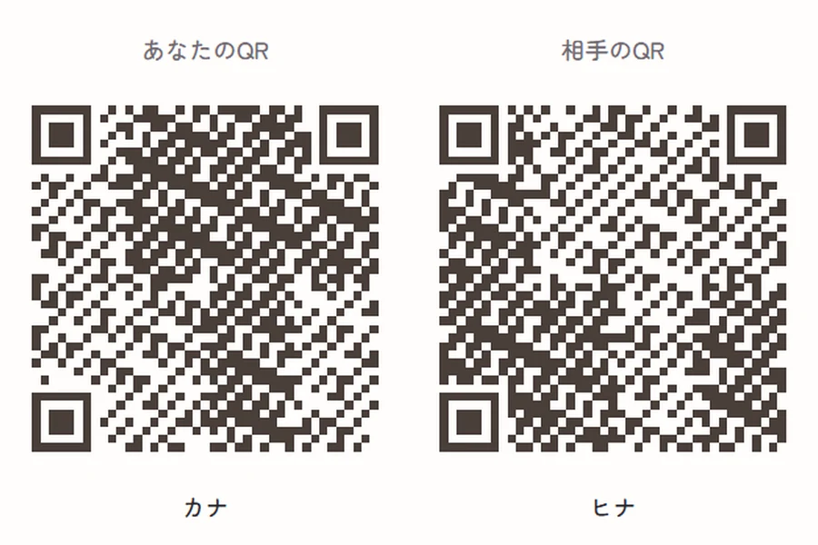 名前とQR模様のある2枚のカードから、気になる相手を選ぶQマッチの画面