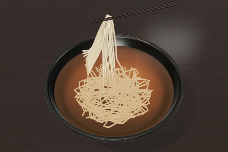 箸で麺束を持ち上げ、器の中に麺線を整える整麺のゲーム画面